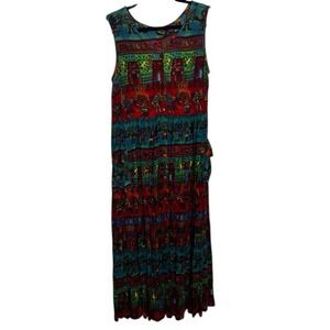 Vintage Bila Womens Multi Color Novelty Village Print Rayon Maxi Dress Medium